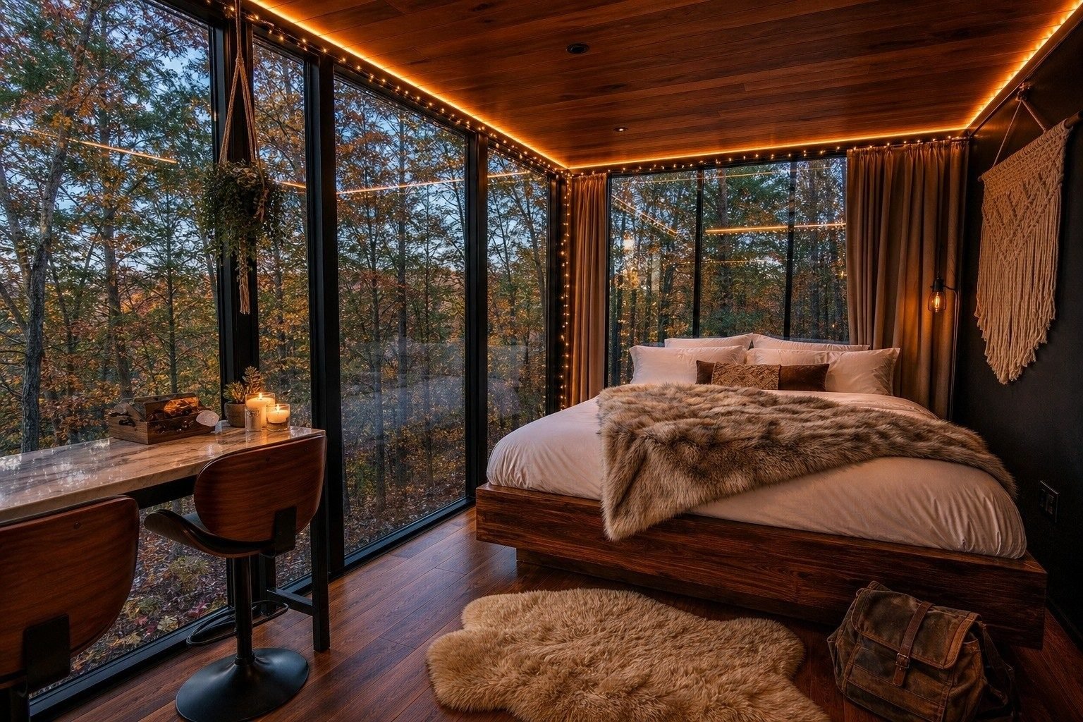 Warm amber bedroom interior with forest views at dusk
