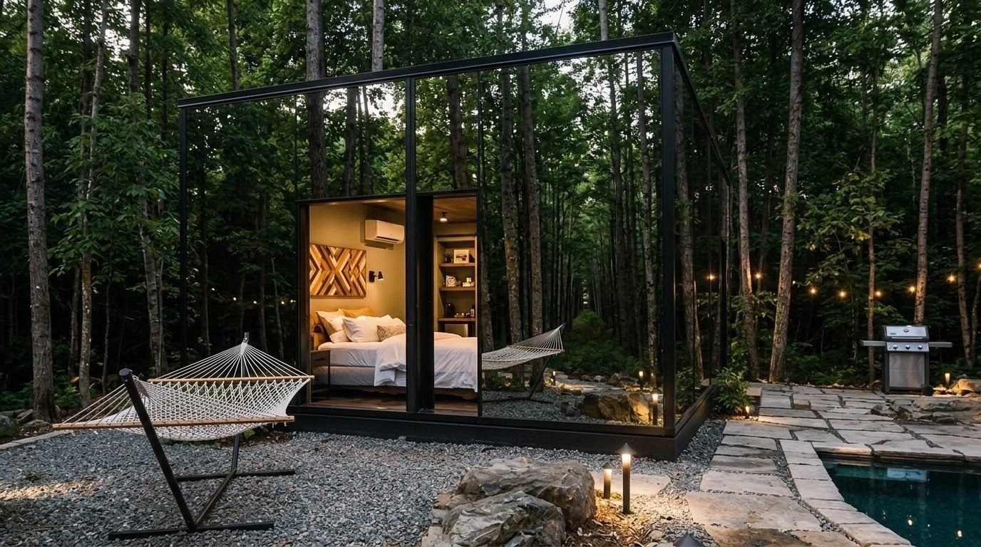 Skybox exterior at dusk with warm interior glow and hammocks