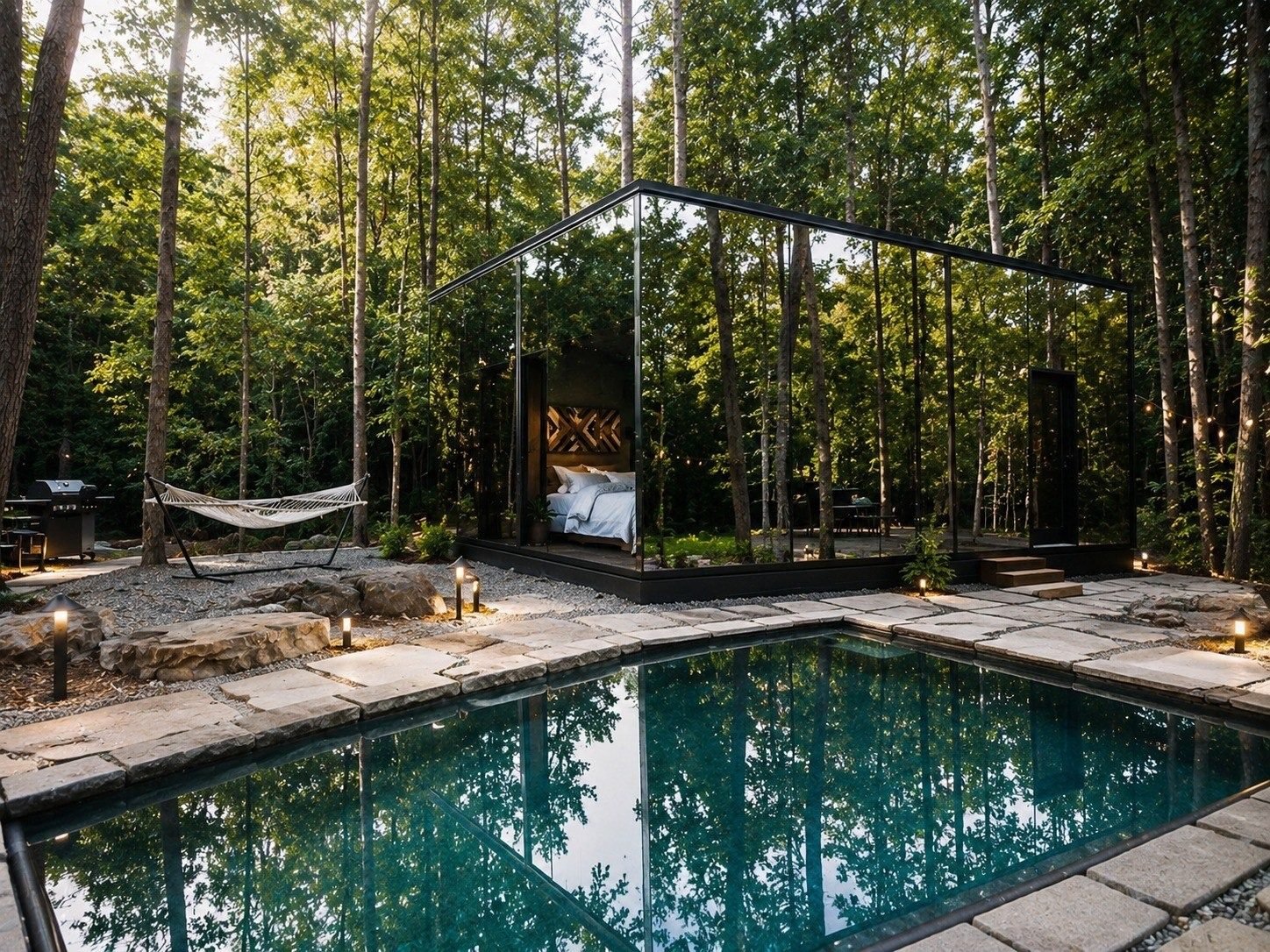 Skybox exterior reflected in a forest pool