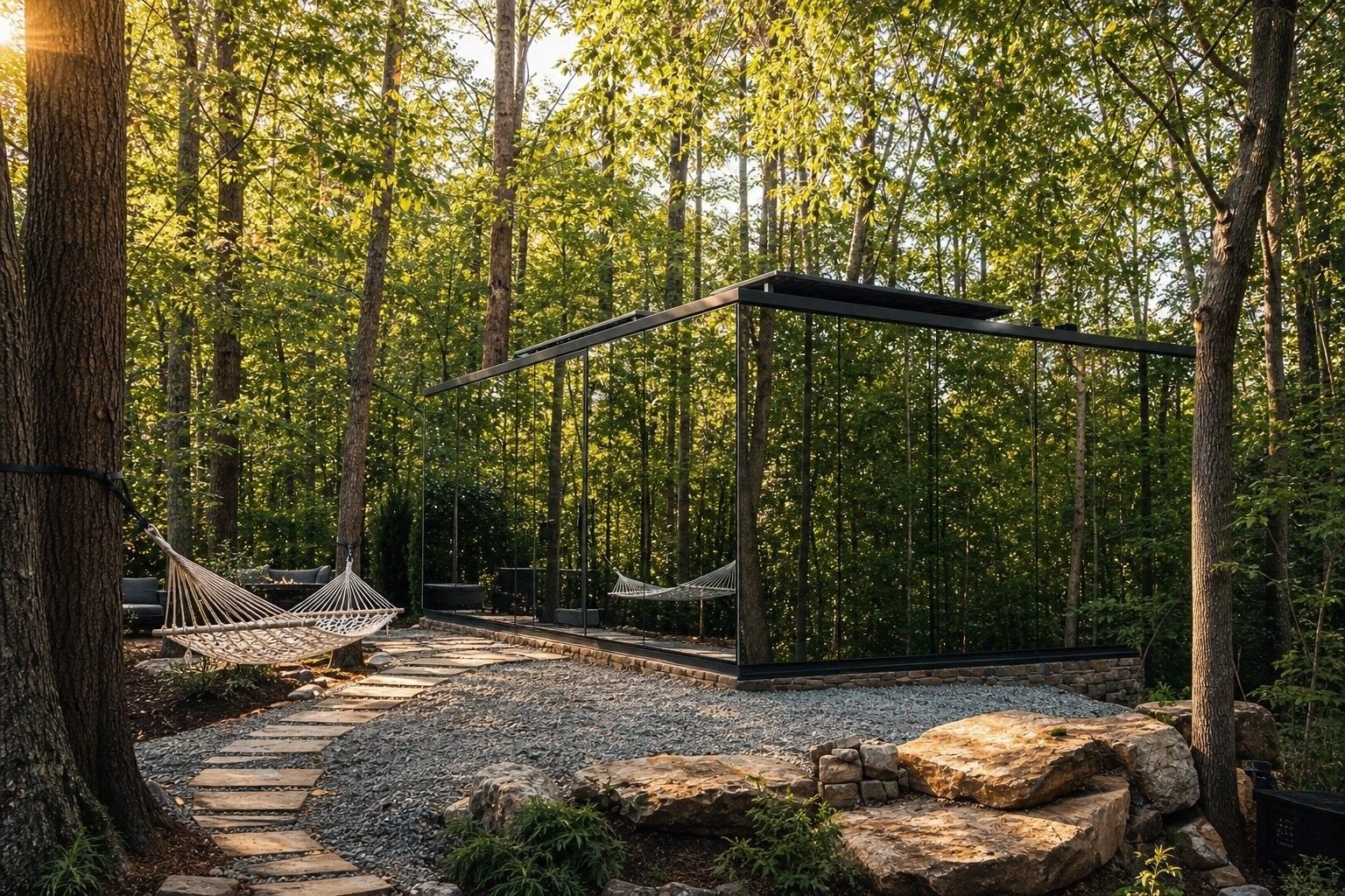 Skybox in sunlit forest with hammocks and stone pathway