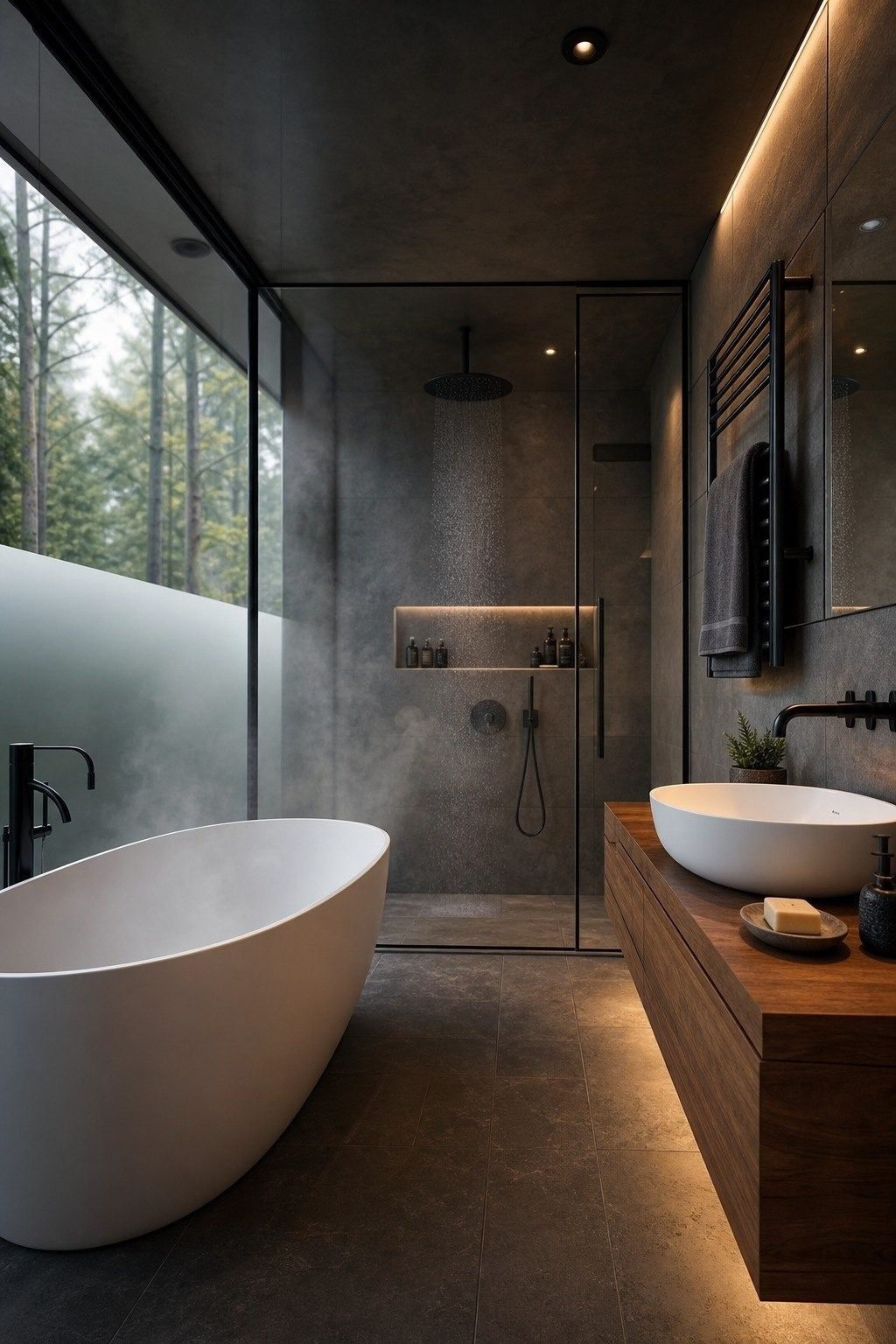 Luxury bathroom with soaking tub, rain shower and forest window
