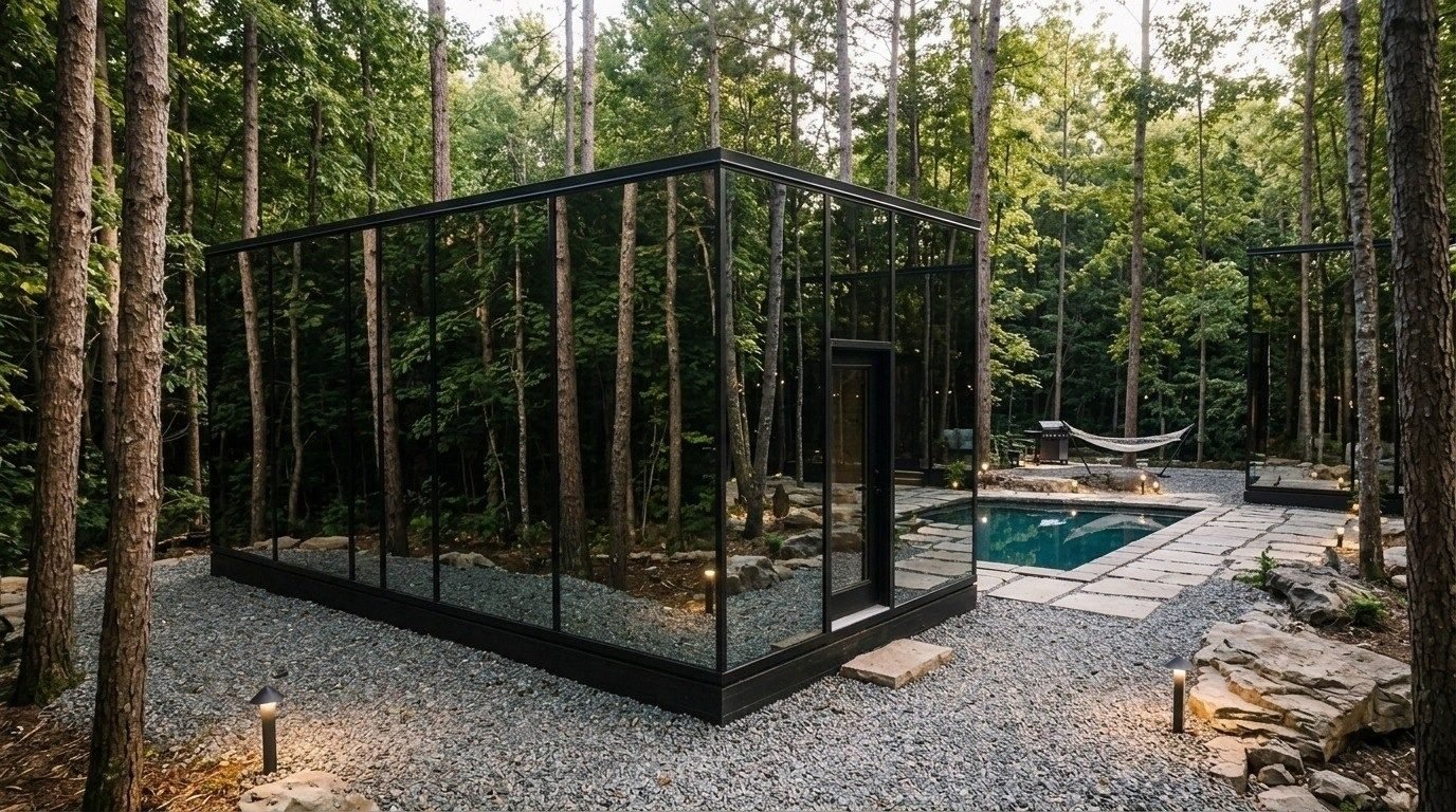 Skybox full mirrored exterior in forest setting